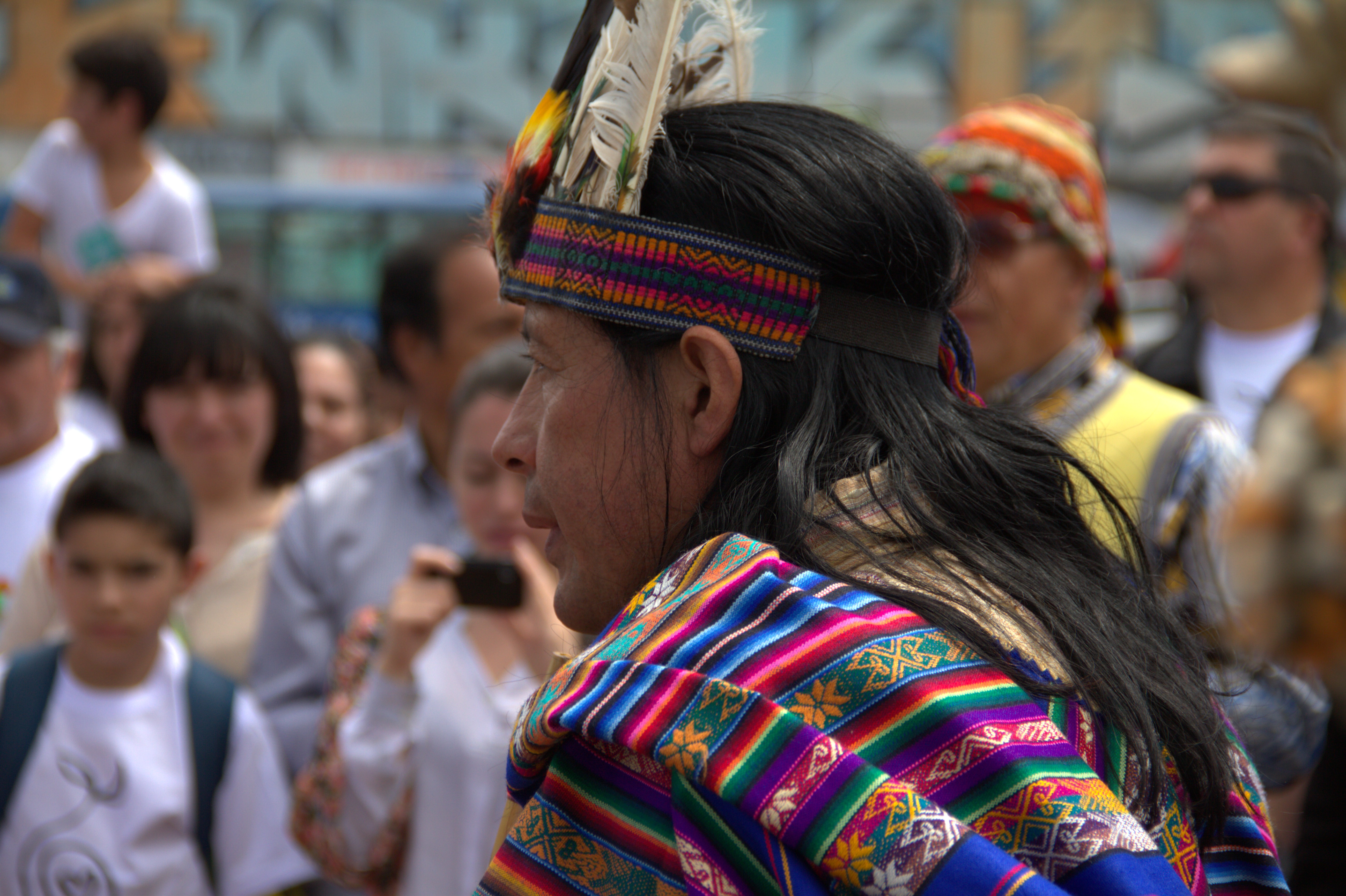 Indigenous man speaking at March for Peace demonstration in Bogota, Colombia 