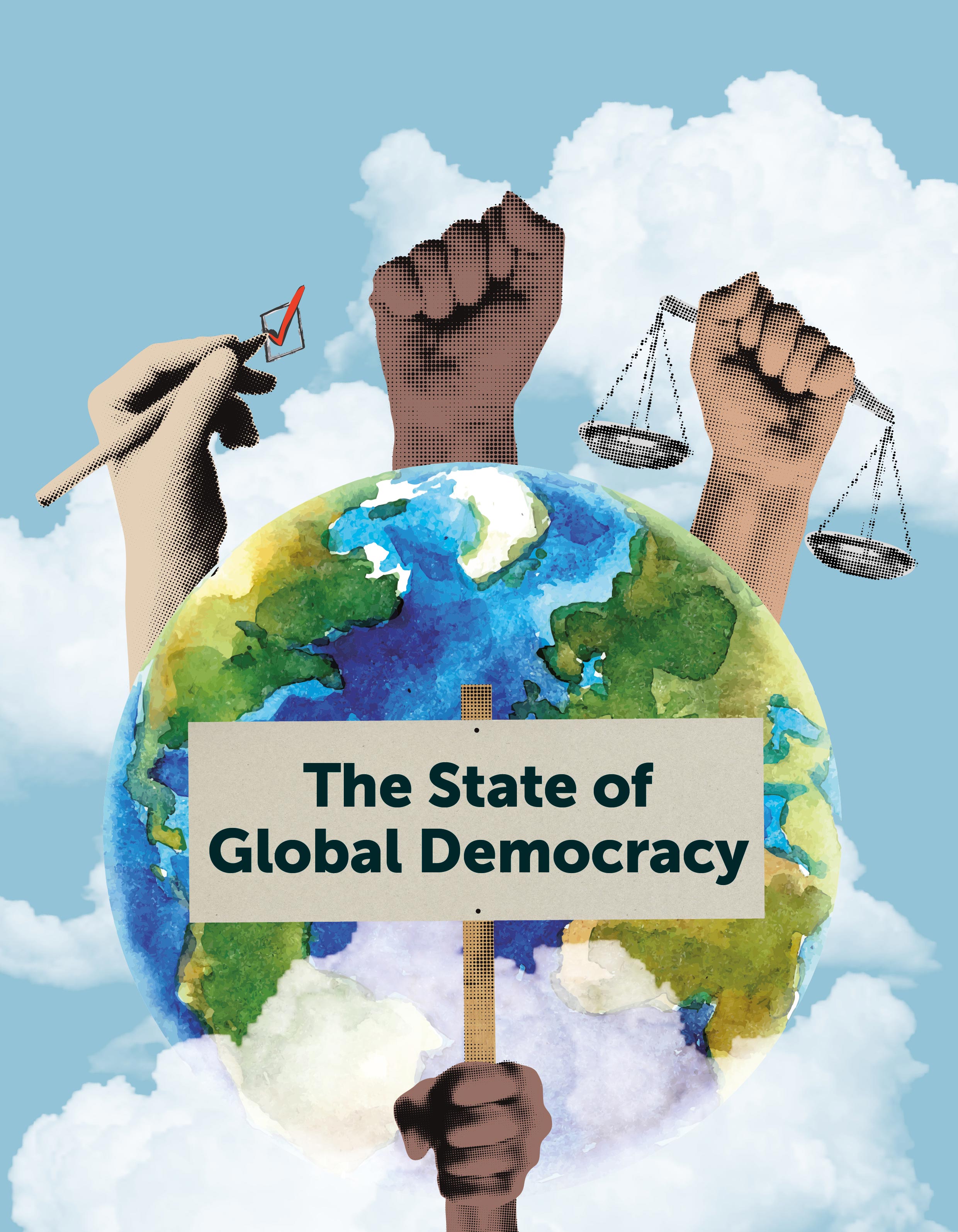 Globe in the clouds with raised fists at the top